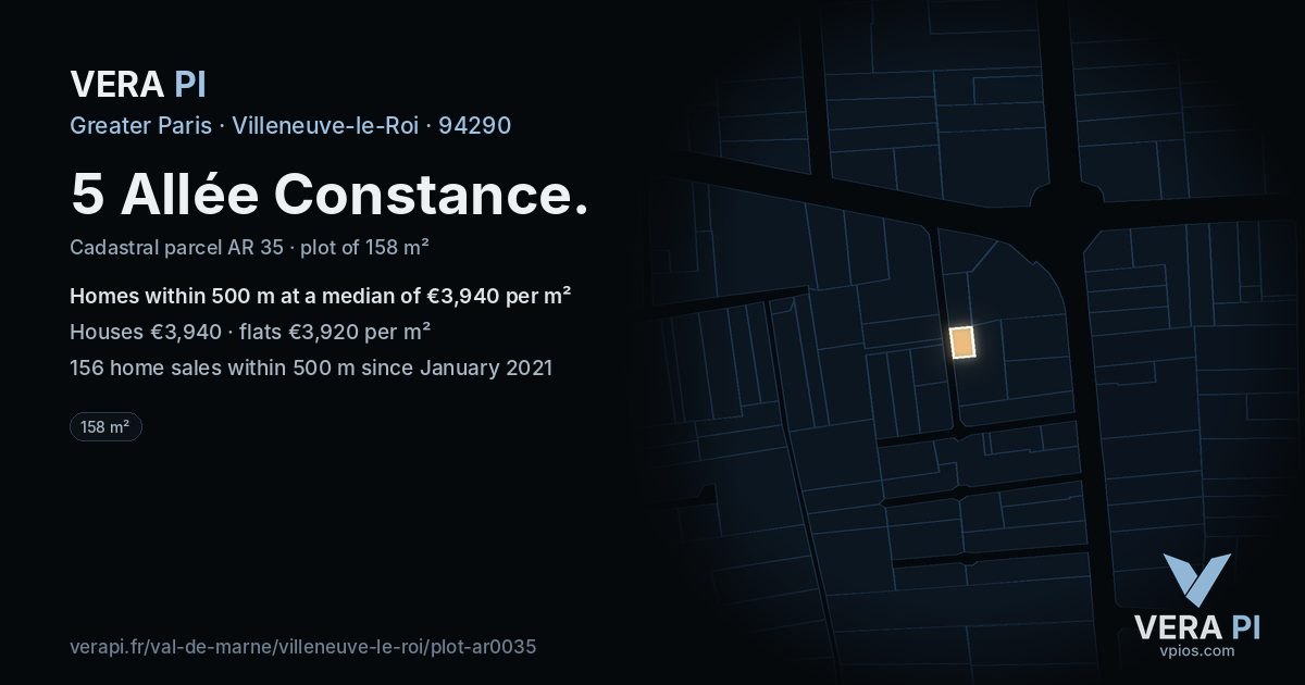 5 Allée Constance, Villeneuve-le-Roi at night – the plot lit, the parcels around coloured by the prices near them
