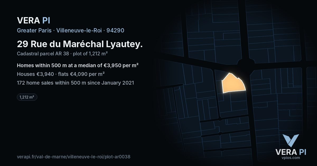 29 Rue du Maréchal Lyautey, Villeneuve-le-Roi at night – the plot lit, the parcels around coloured by the prices near them