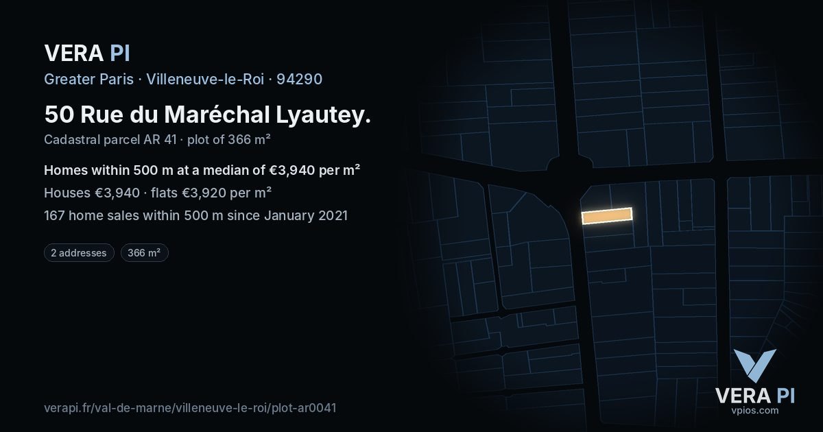 50 Rue du Maréchal Lyautey, Villeneuve-le-Roi at night – the plot lit, the parcels around coloured by the prices near them