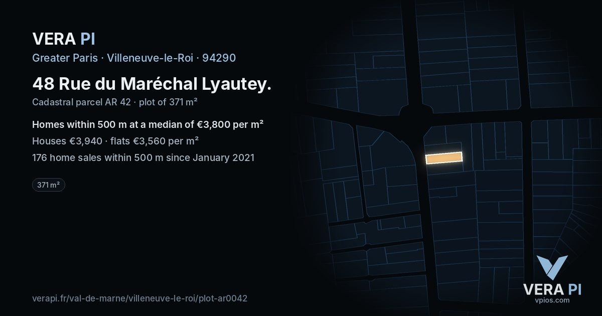 48 Rue du Maréchal Lyautey, Villeneuve-le-Roi at night – the plot lit, the parcels around coloured by the prices near them