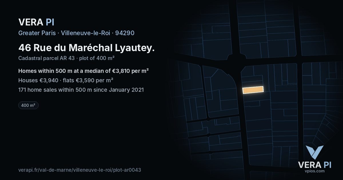 46 Rue du Maréchal Lyautey, Villeneuve-le-Roi at night – the plot lit, the parcels around coloured by the prices near them