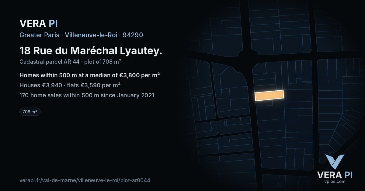 18 Rue du Maréchal Lyautey, Villeneuve-le-Roi at night – the plot lit, the parcels around coloured by the prices near them