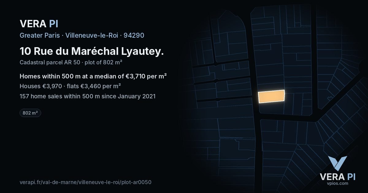 10 Rue du Maréchal Lyautey, Villeneuve-le-Roi at night – the plot lit, the parcels around coloured by the prices near them