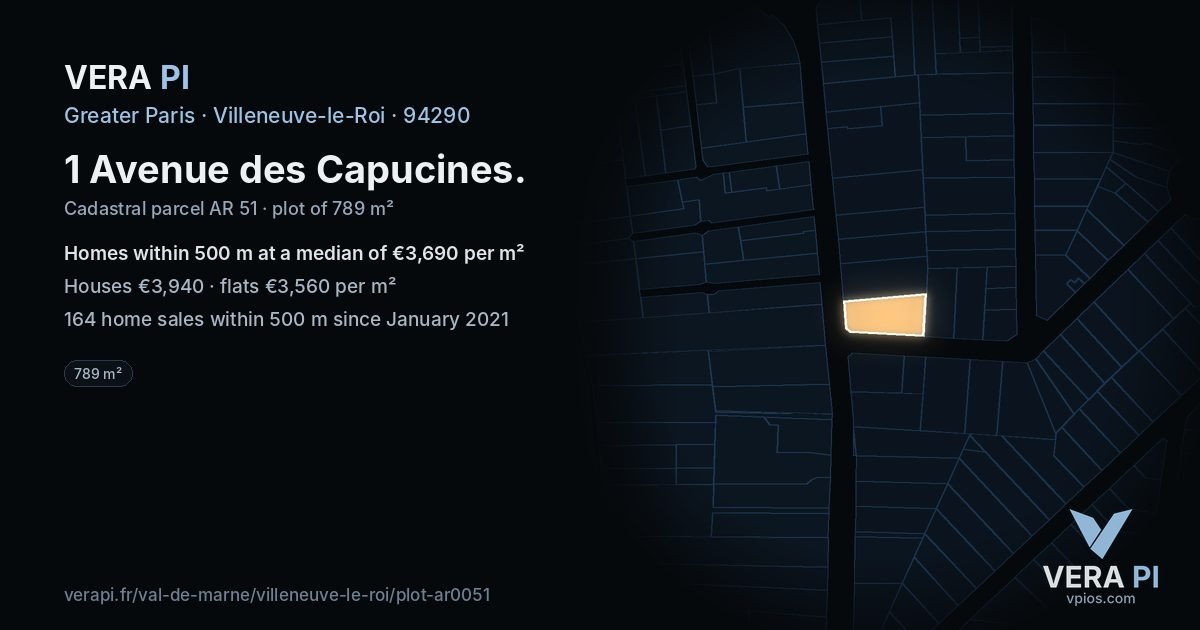 1 Avenue des Capucines, Villeneuve-le-Roi at night – the plot lit, the parcels around coloured by the prices near them