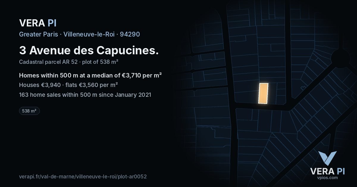 3 Avenue des Capucines, Villeneuve-le-Roi at night – the plot lit, the parcels around coloured by the prices near them