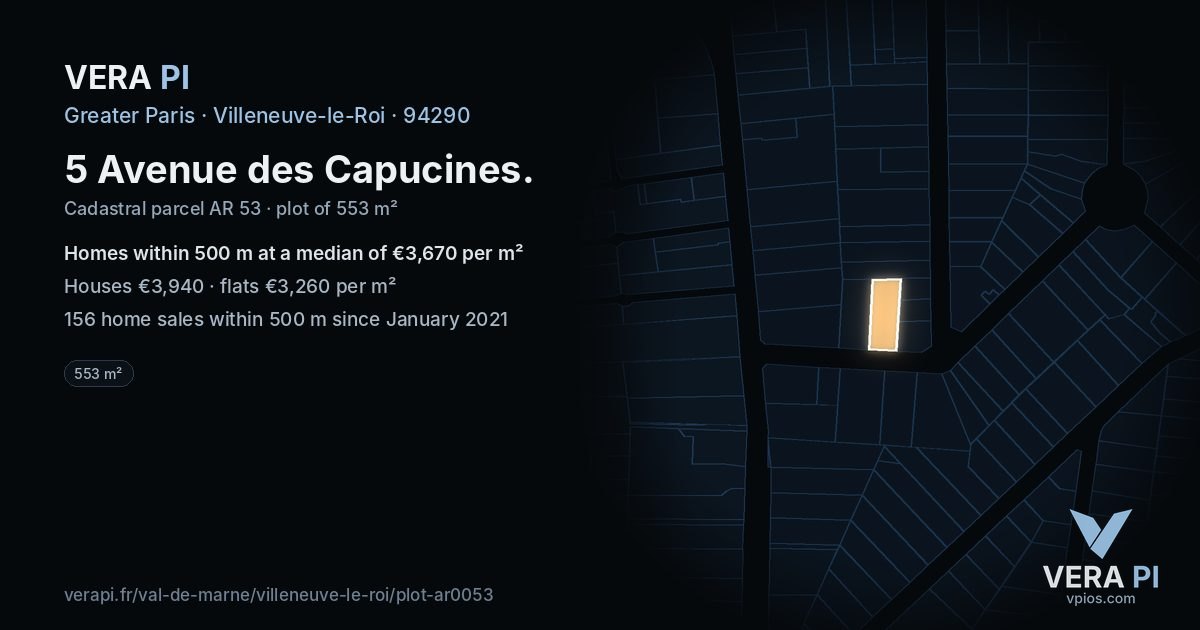 5 Avenue des Capucines, Villeneuve-le-Roi at night – the plot lit, the parcels around coloured by the prices near them
