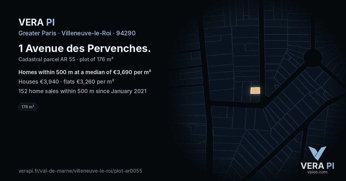 1 Avenue des Pervenches, Villeneuve-le-Roi at night – the plot lit, the parcels around coloured by the prices near them