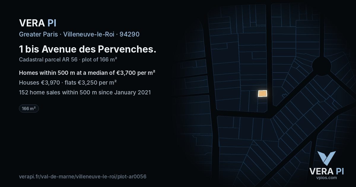 1 bis Avenue des Pervenches, Villeneuve-le-Roi at night – the plot lit, the parcels around coloured by the prices near them