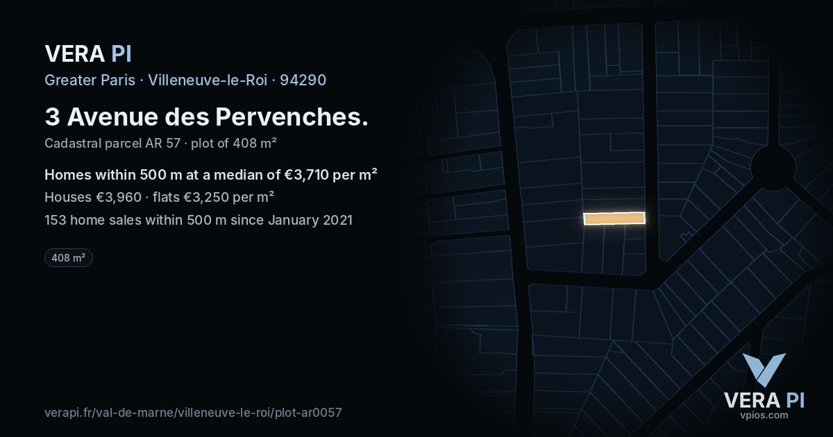 3 Avenue des Pervenches, Villeneuve-le-Roi at night – the plot lit, the parcels around coloured by the prices near them