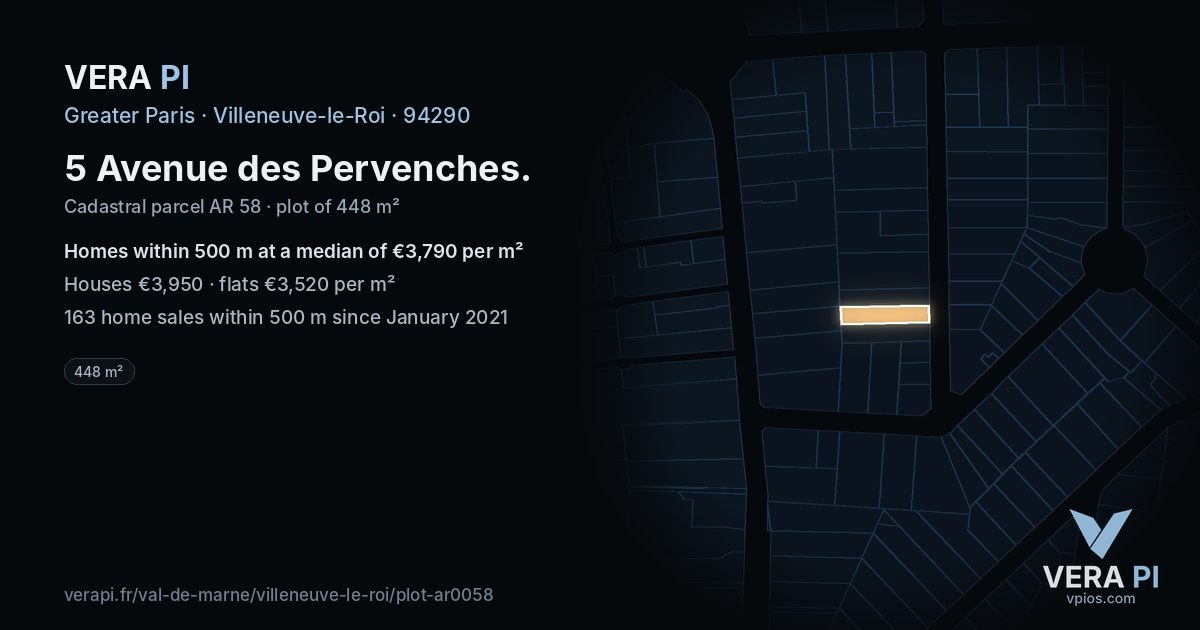 5 Avenue des Pervenches, Villeneuve-le-Roi at night – the plot lit, the parcels around coloured by the prices near them