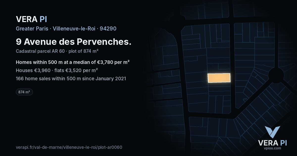 9 Avenue des Pervenches, Villeneuve-le-Roi at night – the plot lit, the parcels around coloured by the prices near them