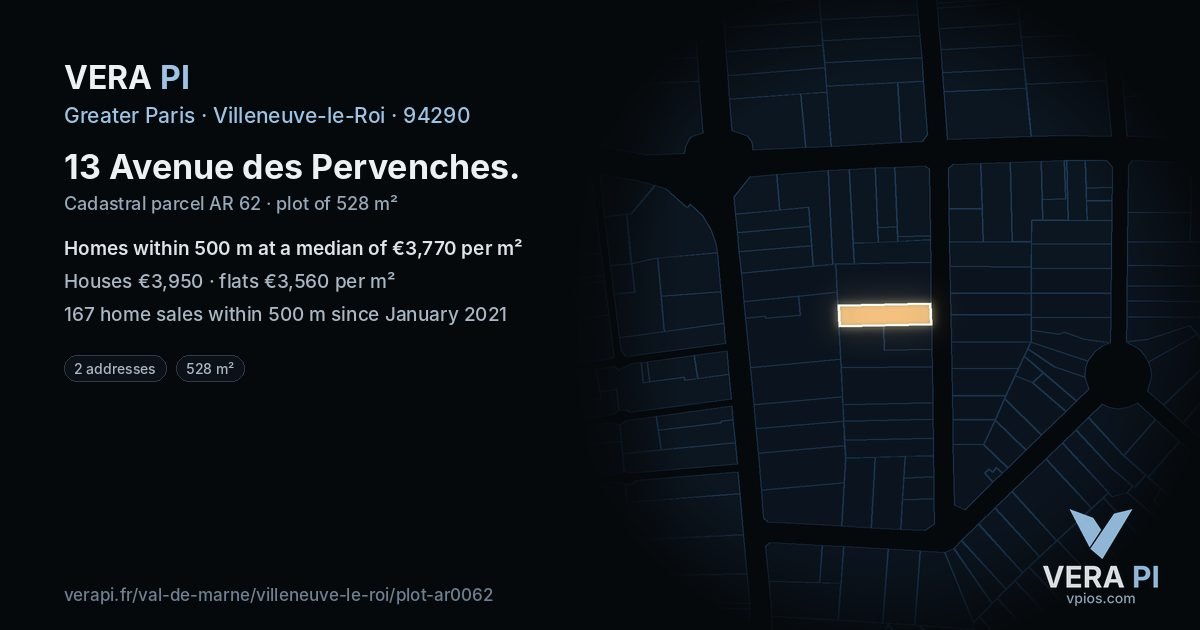 13 Avenue des Pervenches, Villeneuve-le-Roi at night – the plot lit, the parcels around coloured by the prices near them