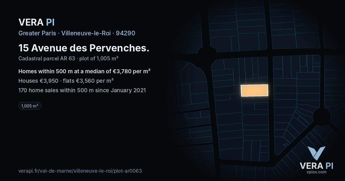 15 Avenue des Pervenches, Villeneuve-le-Roi at night – the plot lit, the parcels around coloured by the prices near them