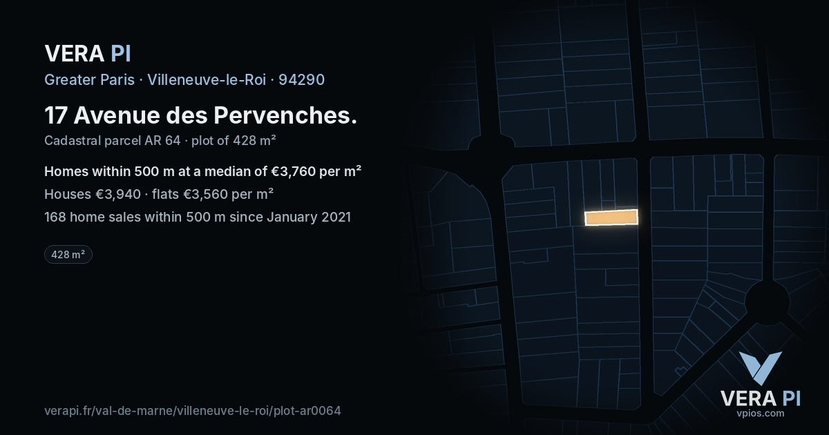 17 Avenue des Pervenches, Villeneuve-le-Roi at night – the plot lit, the parcels around coloured by the prices near them