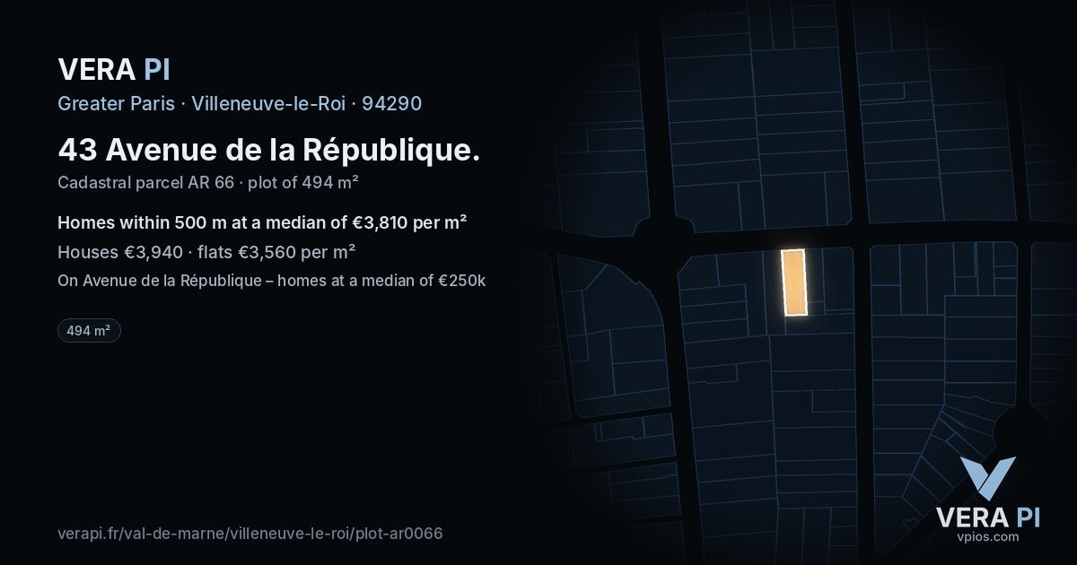 43 Avenue de la République, Villeneuve-le-Roi at night – the plot lit, the parcels around coloured by the prices near them