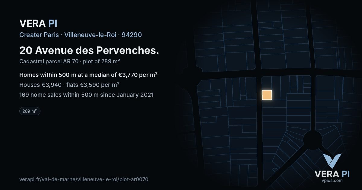 20 Avenue des Pervenches, Villeneuve-le-Roi at night – the plot lit, the parcels around coloured by the prices near them