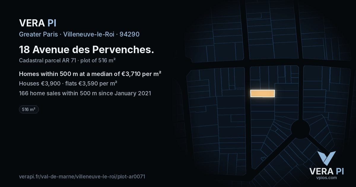 18 Avenue des Pervenches, Villeneuve-le-Roi at night – the plot lit, the parcels around coloured by the prices near them