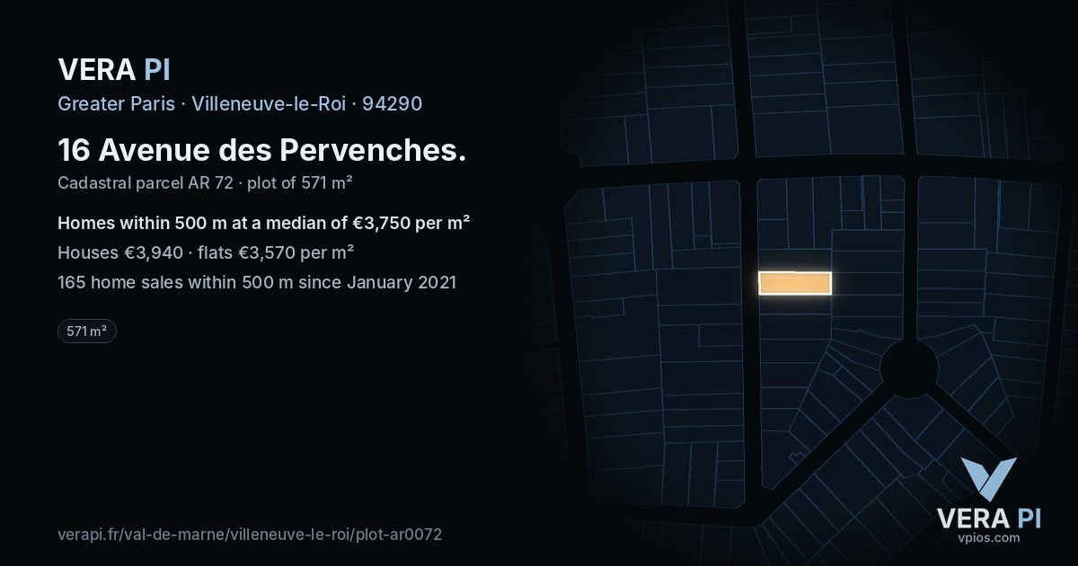 16 Avenue des Pervenches, Villeneuve-le-Roi at night – the plot lit, the parcels around coloured by the prices near them