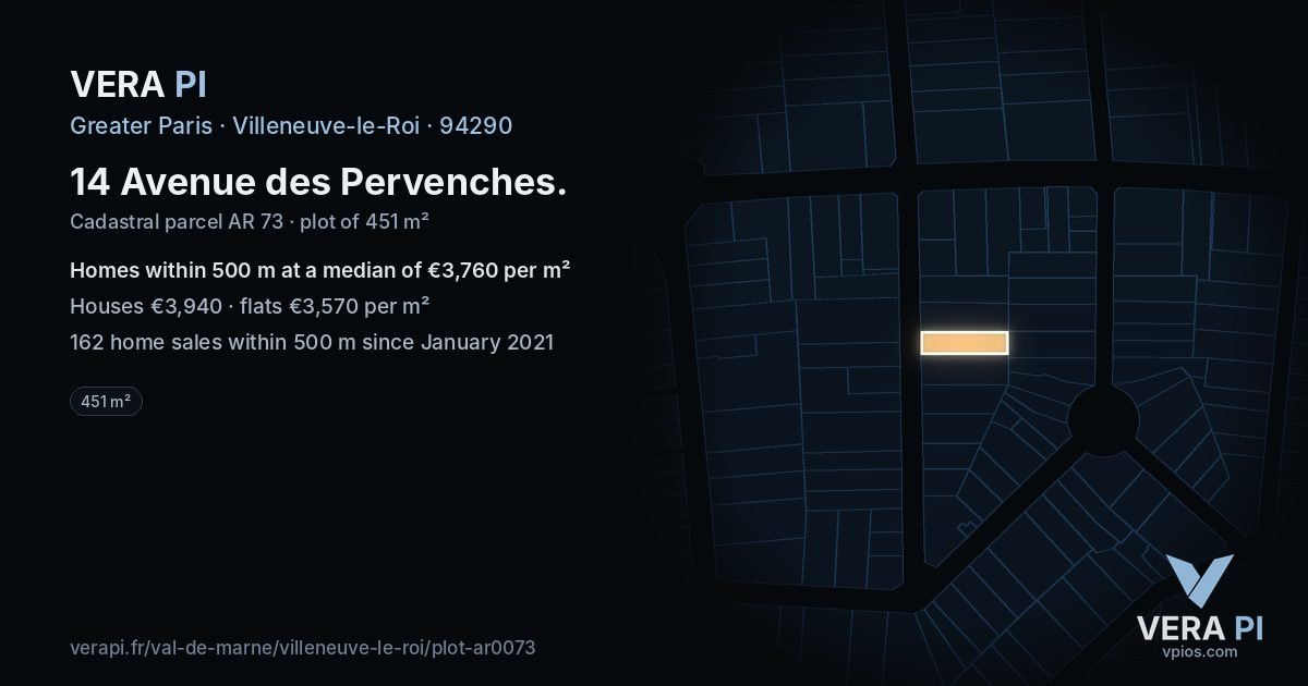 14 Avenue des Pervenches, Villeneuve-le-Roi at night – the plot lit, the parcels around coloured by the prices near them