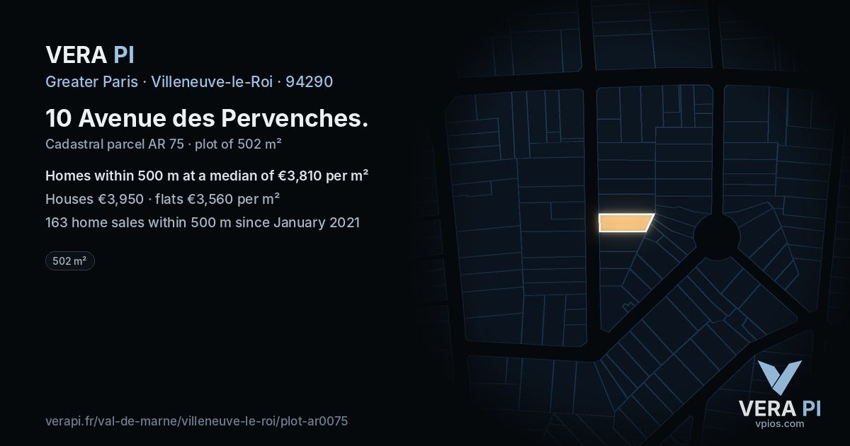 10 Avenue des Pervenches, Villeneuve-le-Roi at night – the plot lit, the parcels around coloured by the prices near them