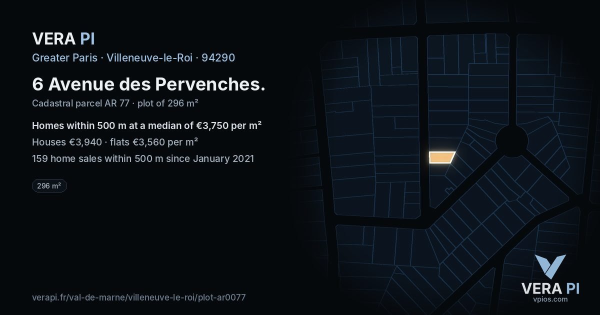 6 Avenue des Pervenches, Villeneuve-le-Roi at night – the plot lit, the parcels around coloured by the prices near them
