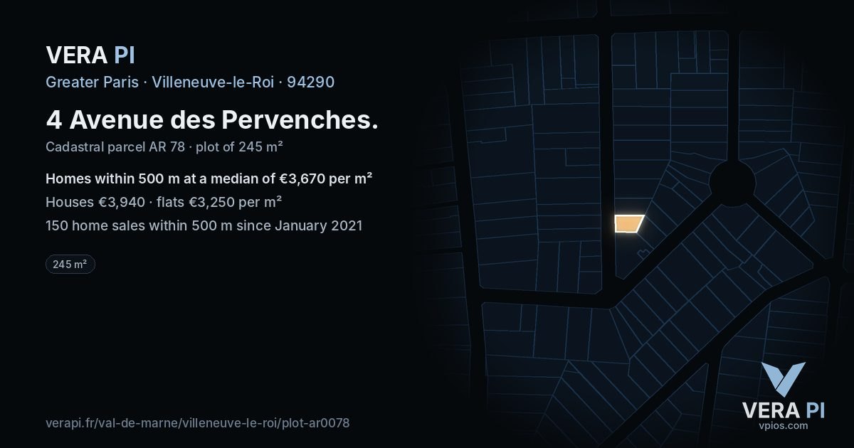 4 Avenue des Pervenches, Villeneuve-le-Roi at night – the plot lit, the parcels around coloured by the prices near them