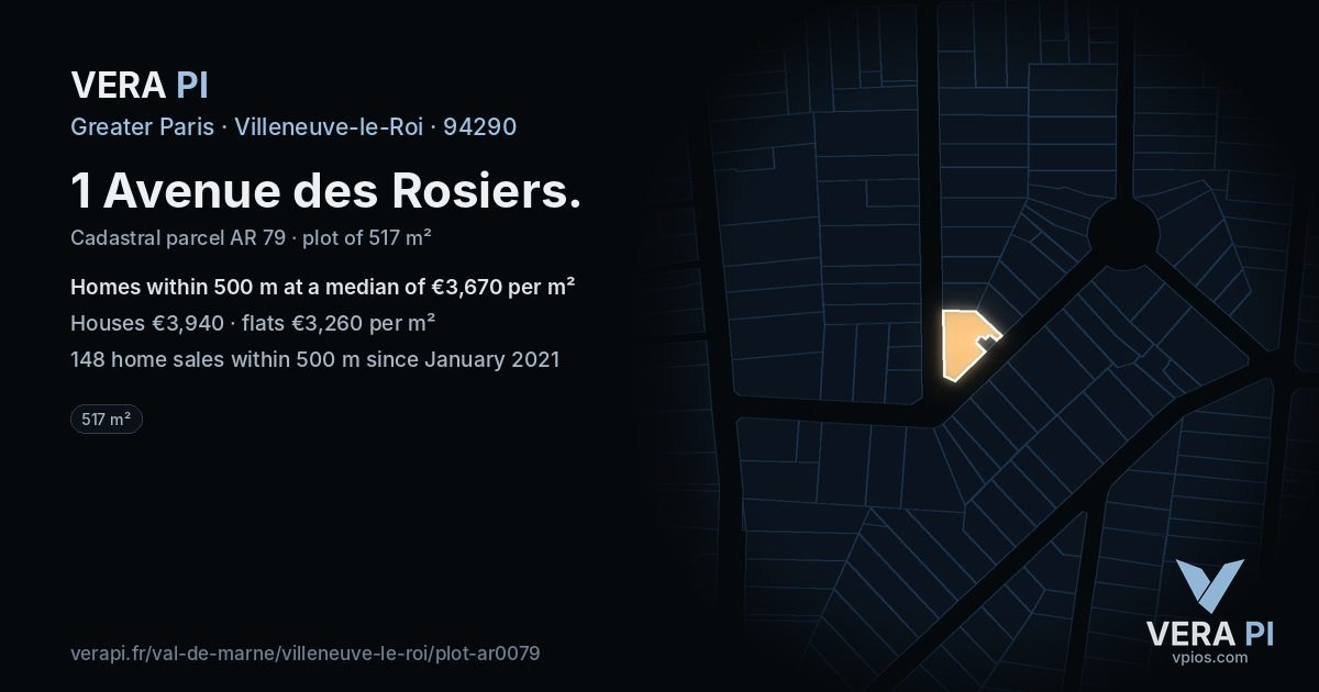 1 Avenue des Rosiers, Villeneuve-le-Roi at night – the plot lit, the parcels around coloured by the prices near them