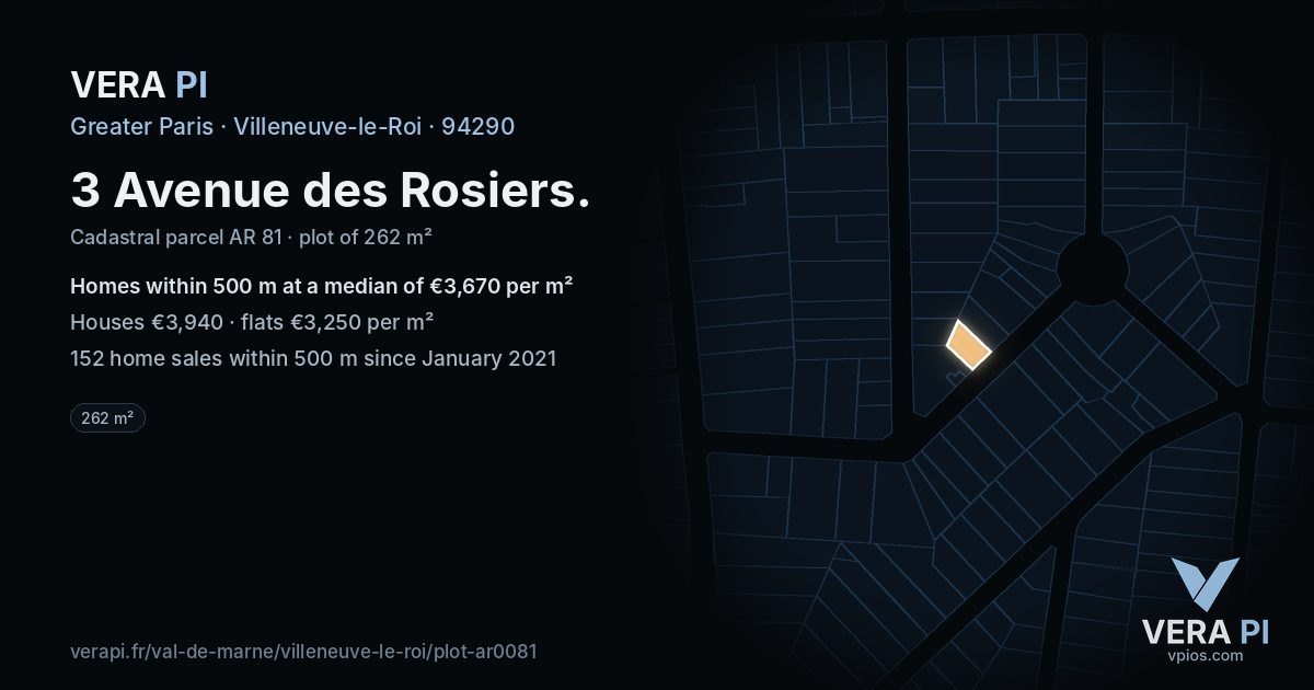 3 Avenue des Rosiers, Villeneuve-le-Roi at night – the plot lit, the parcels around coloured by the prices near them