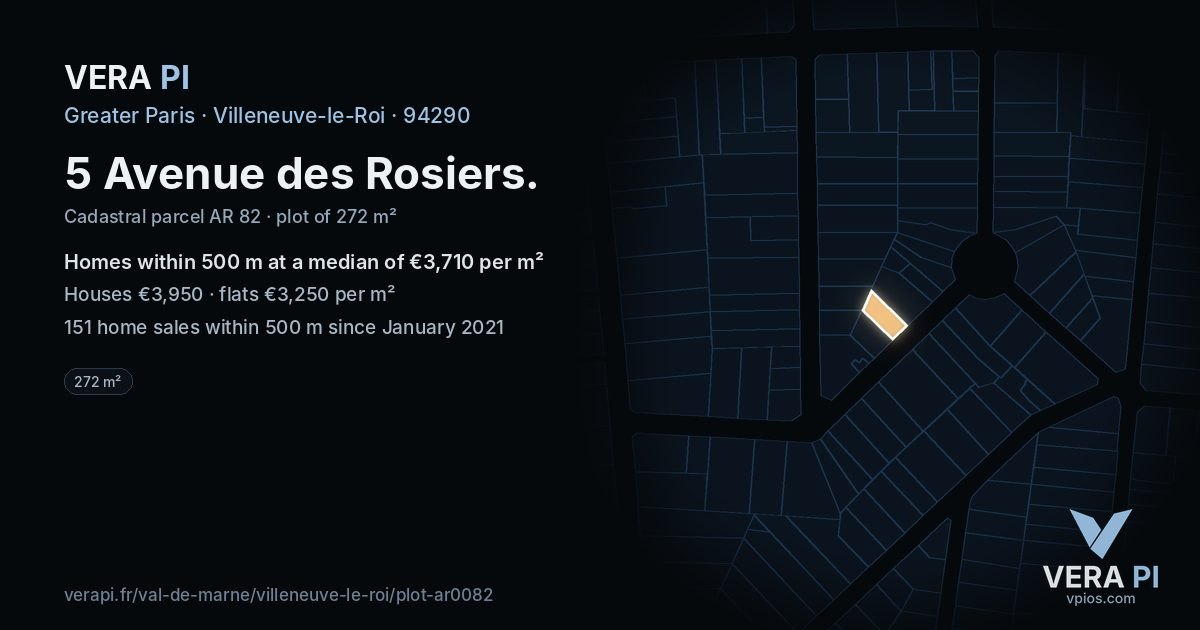 5 Avenue des Rosiers, Villeneuve-le-Roi at night – the plot lit, the parcels around coloured by the prices near them