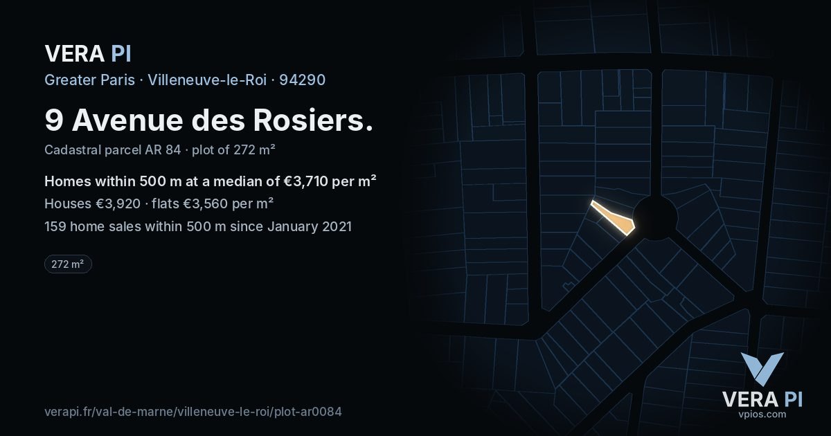 9 Avenue des Rosiers, Villeneuve-le-Roi at night – the plot lit, the parcels around coloured by the prices near them