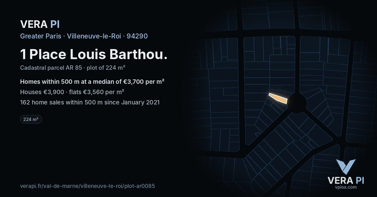 1 Place Louis Barthou, Villeneuve-le-Roi at night – the plot lit, the parcels around coloured by the prices near them