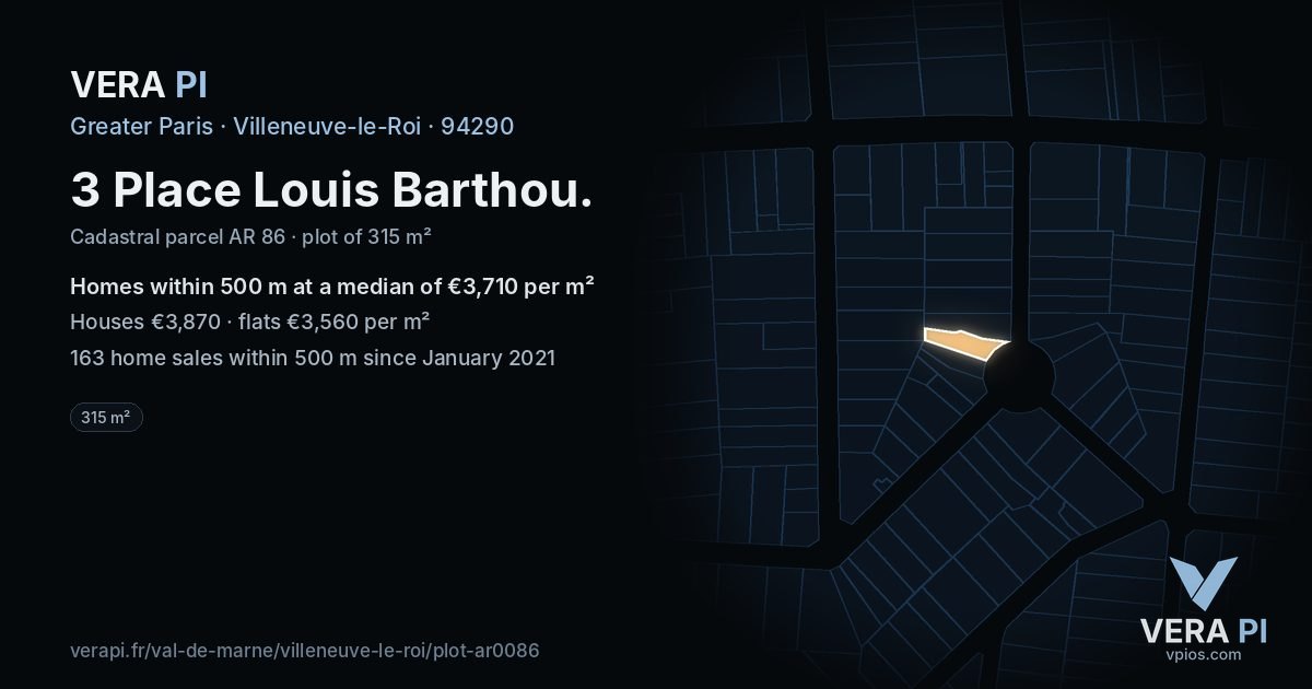 3 Place Louis Barthou, Villeneuve-le-Roi at night – the plot lit, the parcels around coloured by the prices near them
