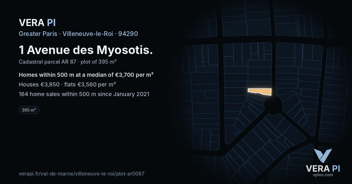 1 Avenue des Myosotis, Villeneuve-le-Roi at night – the plot lit, the parcels around coloured by the prices near them