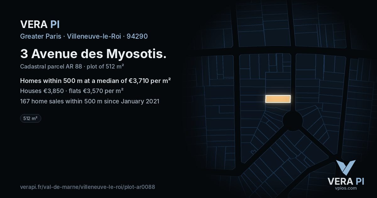 3 Avenue des Myosotis, Villeneuve-le-Roi at night – the plot lit, the parcels around coloured by the prices near them