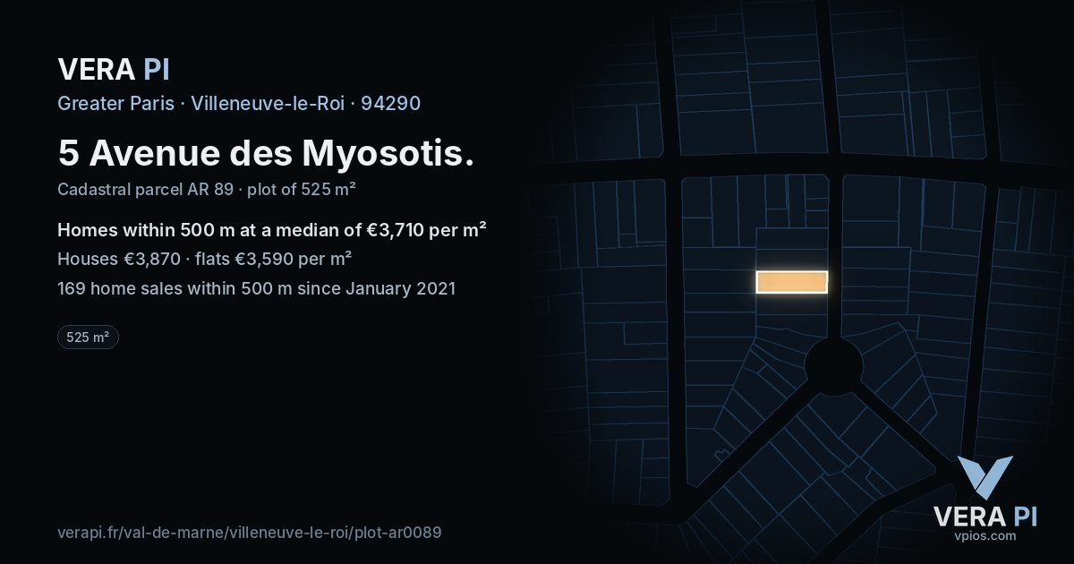 5 Avenue des Myosotis, Villeneuve-le-Roi at night – the plot lit, the parcels around coloured by the prices near them