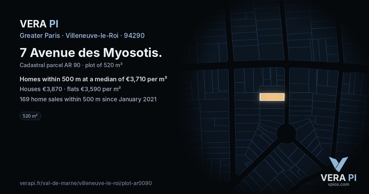 7 Avenue des Myosotis, Villeneuve-le-Roi at night – the plot lit, the parcels around coloured by the prices near them