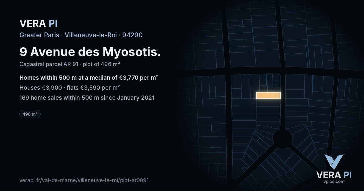 9 Avenue des Myosotis, Villeneuve-le-Roi at night – the plot lit, the parcels around coloured by the prices near them