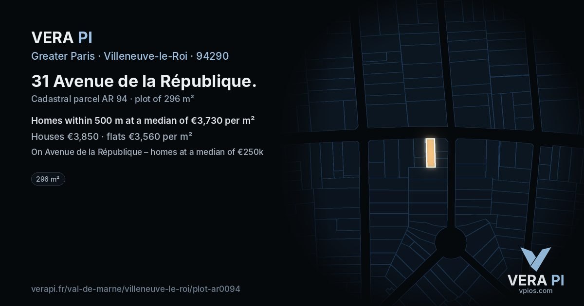 31 Avenue de la République, Villeneuve-le-Roi at night – the plot lit, the parcels around coloured by the prices near them