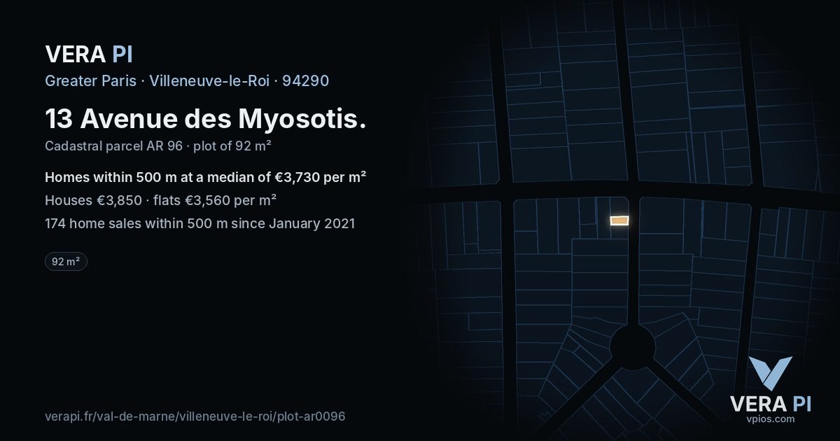 13 Avenue des Myosotis, Villeneuve-le-Roi at night – the plot lit, the parcels around coloured by the prices near them