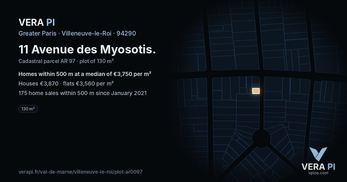 11 Avenue des Myosotis, Villeneuve-le-Roi at night – the plot lit, the parcels around coloured by the prices near them