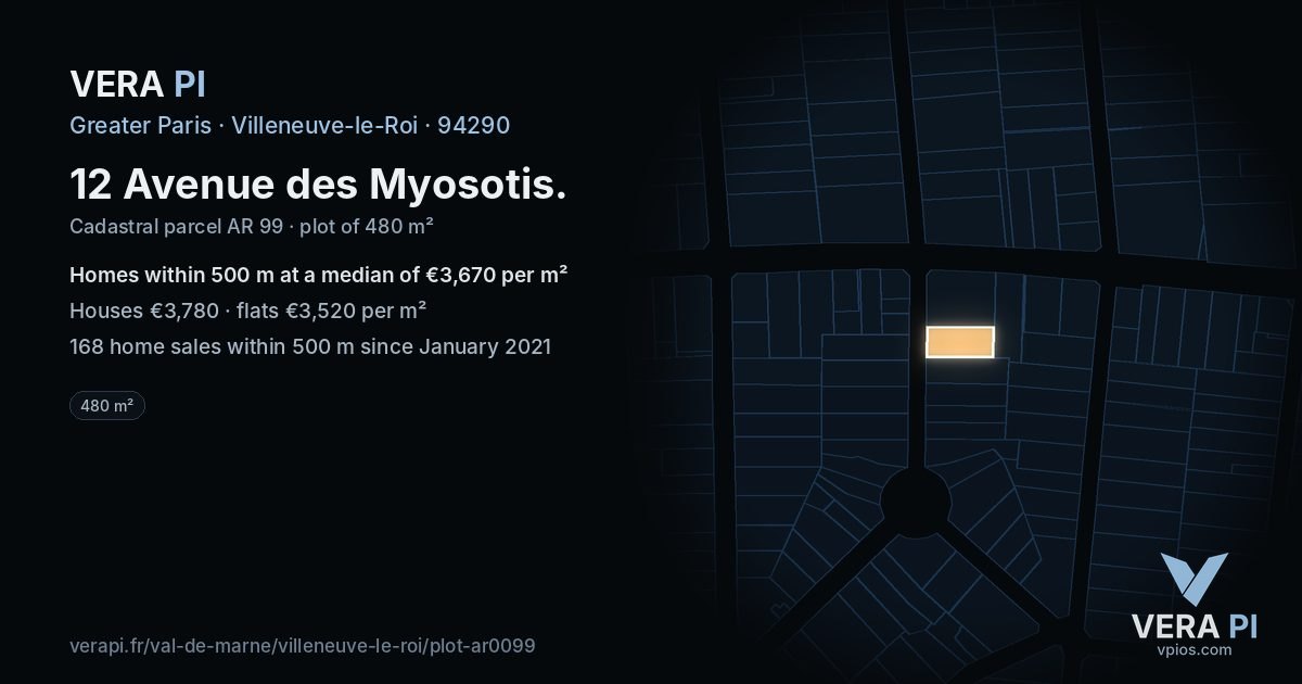 12 Avenue des Myosotis, Villeneuve-le-Roi at night – the plot lit, the parcels around coloured by the prices near them