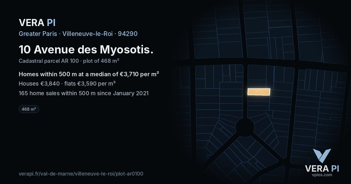 10 Avenue des Myosotis, Villeneuve-le-Roi at night – the plot lit, the parcels around coloured by the prices near them