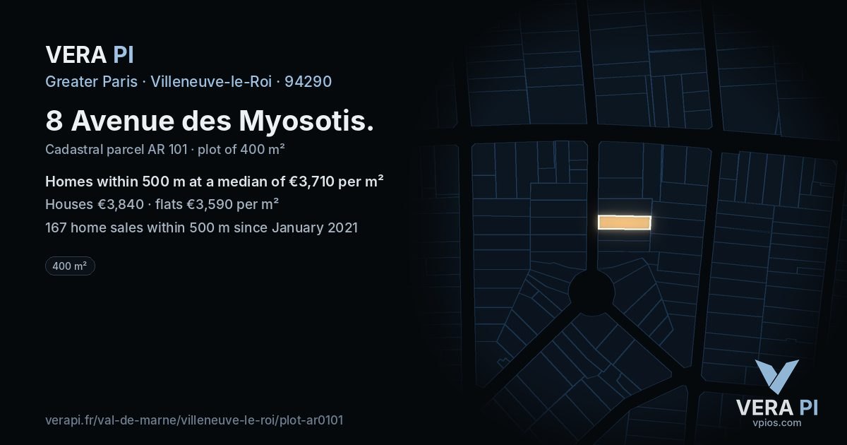 8 Avenue des Myosotis, Villeneuve-le-Roi at night – the plot lit, the parcels around coloured by the prices near them