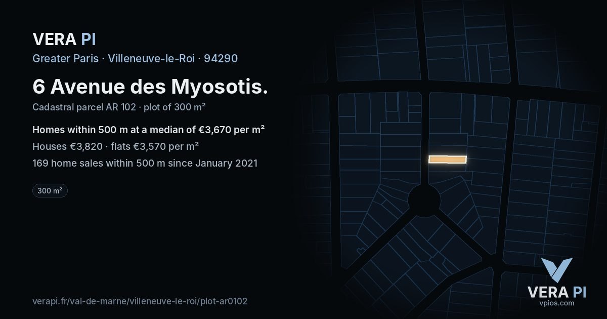 6 Avenue des Myosotis, Villeneuve-le-Roi at night – the plot lit, the parcels around coloured by the prices near them