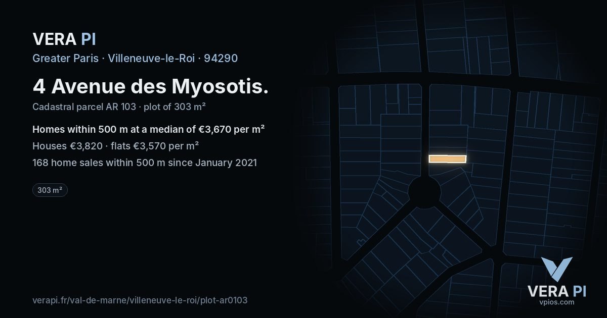 4 Avenue des Myosotis, Villeneuve-le-Roi at night – the plot lit, the parcels around coloured by the prices near them