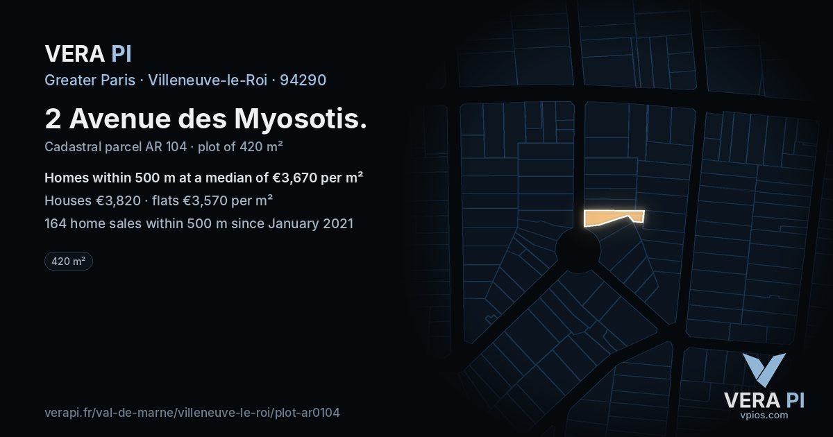 2 Avenue des Myosotis, Villeneuve-le-Roi at night – the plot lit, the parcels around coloured by the prices near them