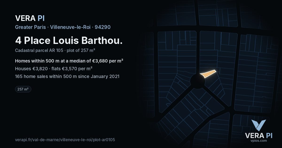4 Place Louis Barthou, Villeneuve-le-Roi at night – the plot lit, the parcels around coloured by the prices near them