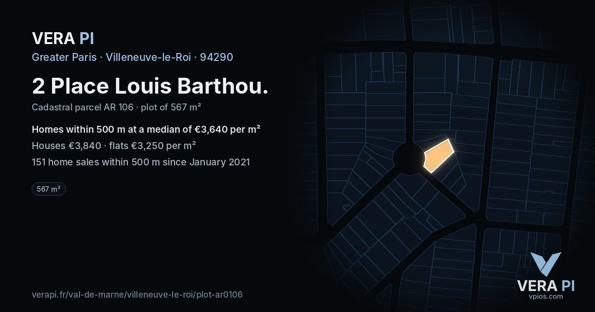 2 Place Louis Barthou, Villeneuve-le-Roi at night – the plot lit, the parcels around coloured by the prices near them