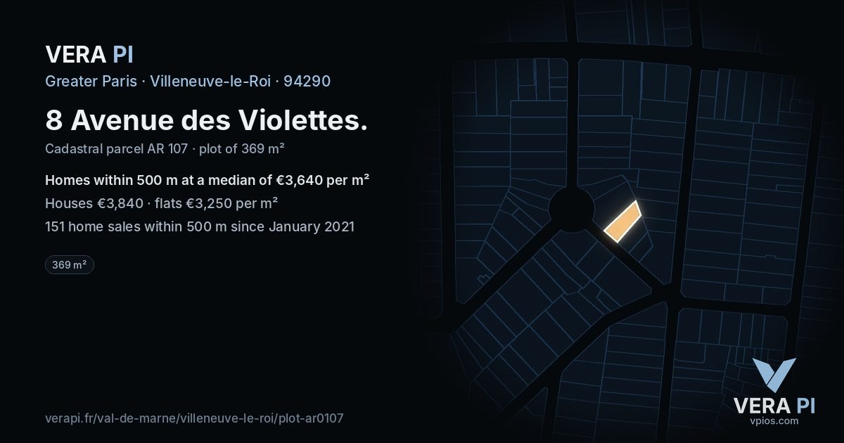8 Avenue des Violettes, Villeneuve-le-Roi at night – the plot lit, the parcels around coloured by the prices near them