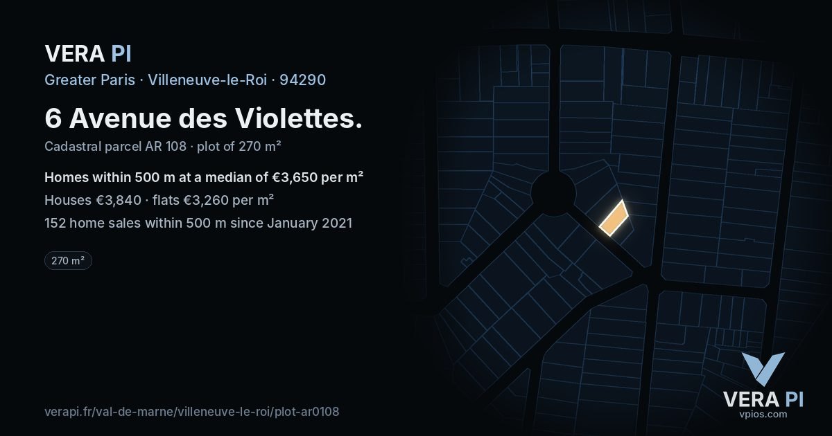 6 Avenue des Violettes, Villeneuve-le-Roi at night – the plot lit, the parcels around coloured by the prices near them